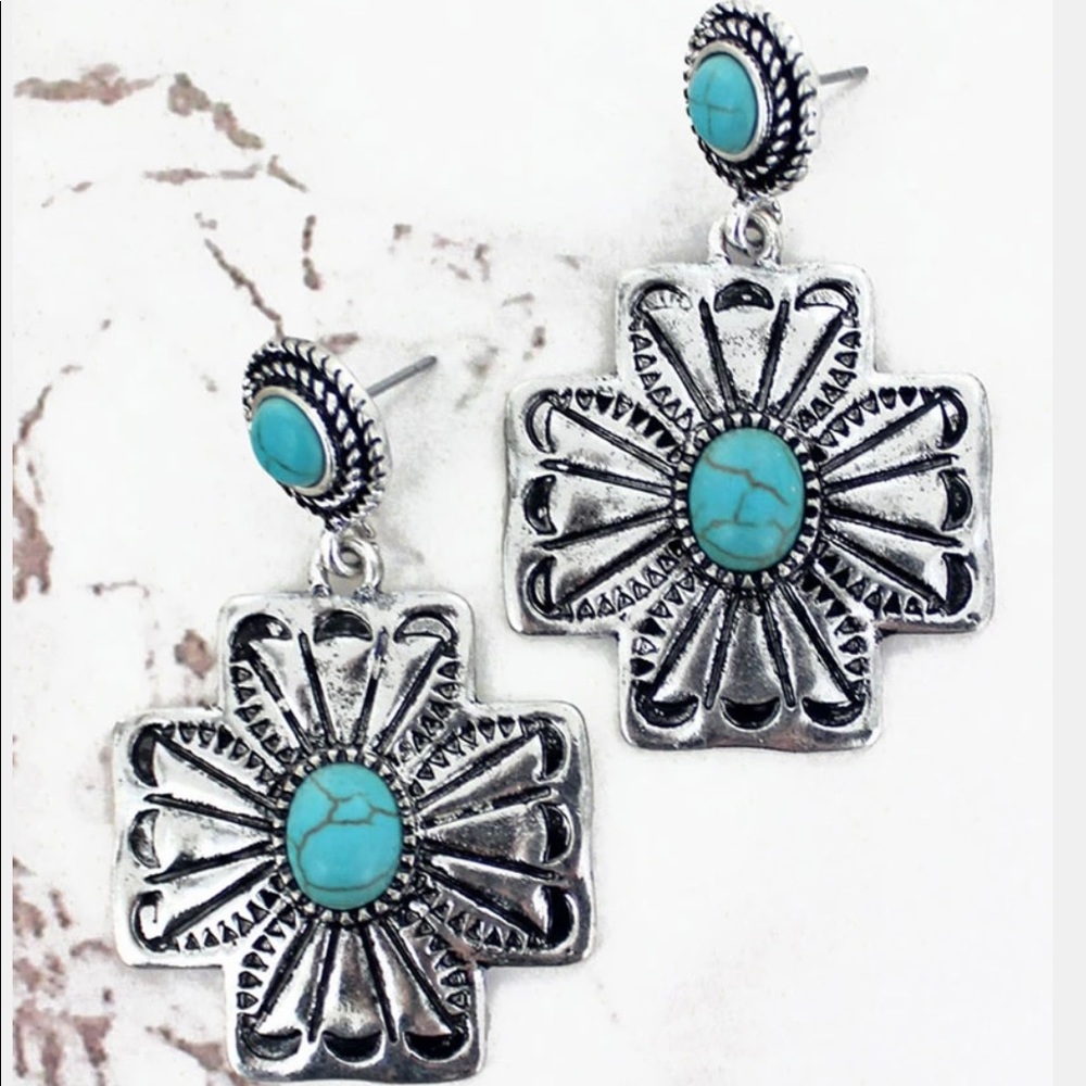 Turquoise & Silvertone Cross Drop Earrings